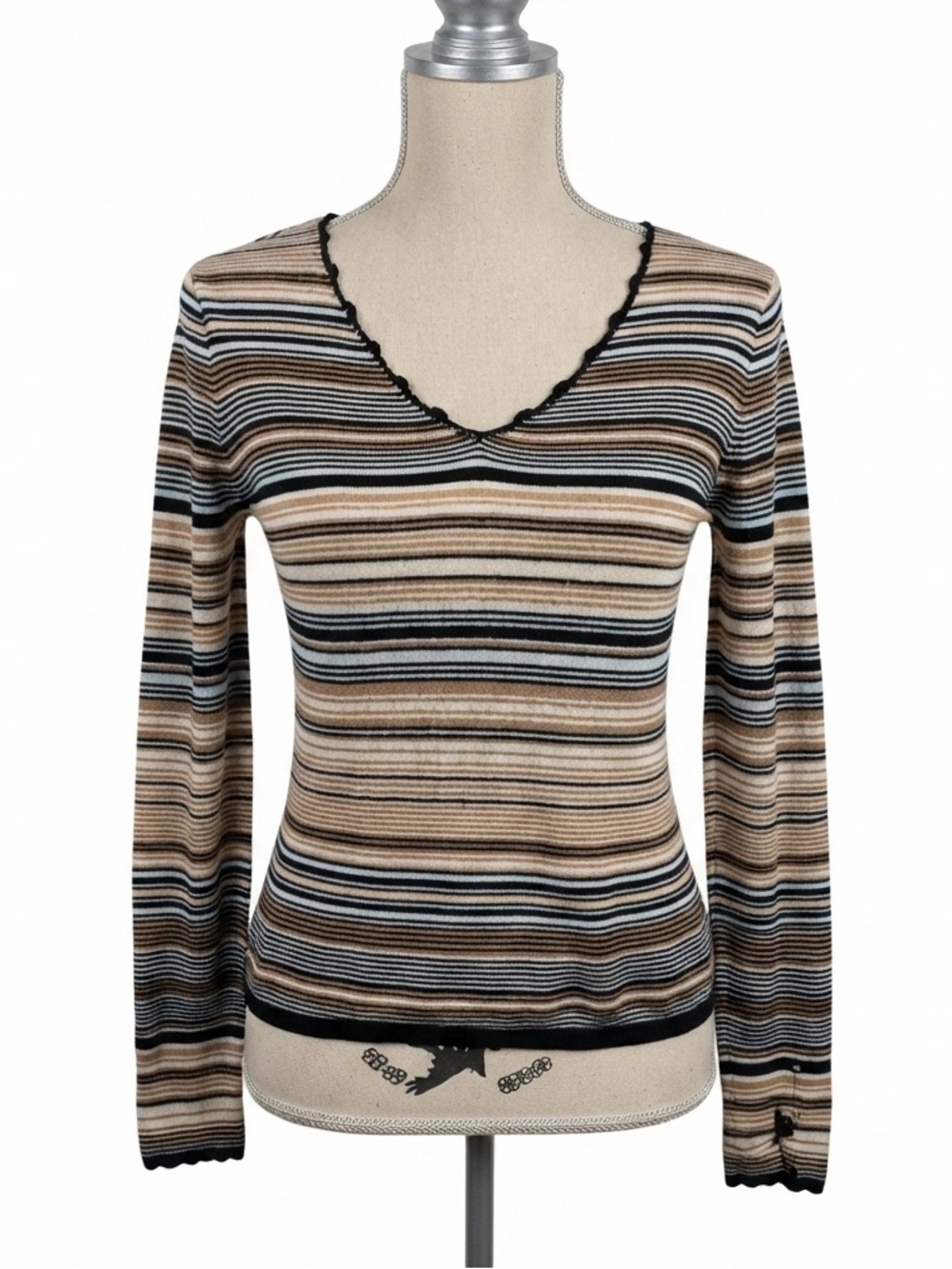 Y2K CASLON Cashmere Cotton Striped V-Neck Jersey Knit Top MEDIUM